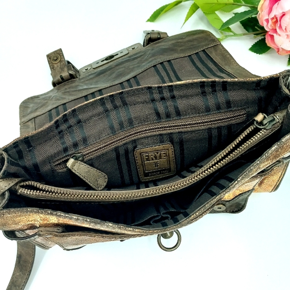 FRYE Cameron Metallic Gold, Copper & Brown Leather Small Satchel Crossbody Bag - Picture 13 of 15